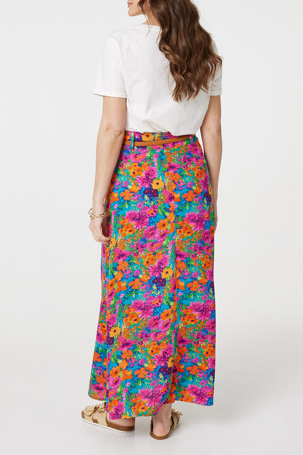 MULTI PINK | Floral High Waist Belt Detail Maxi Skirt