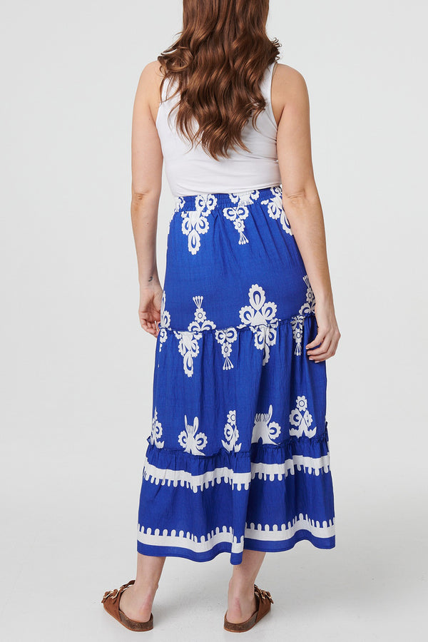 BLUE | Ikat Print High Waist Tiered Midi Skirt