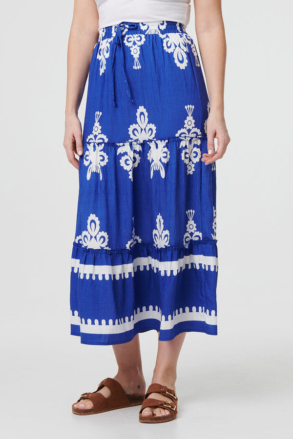 BLUE | Ikat Print High Waist Tiered Midi Skirt