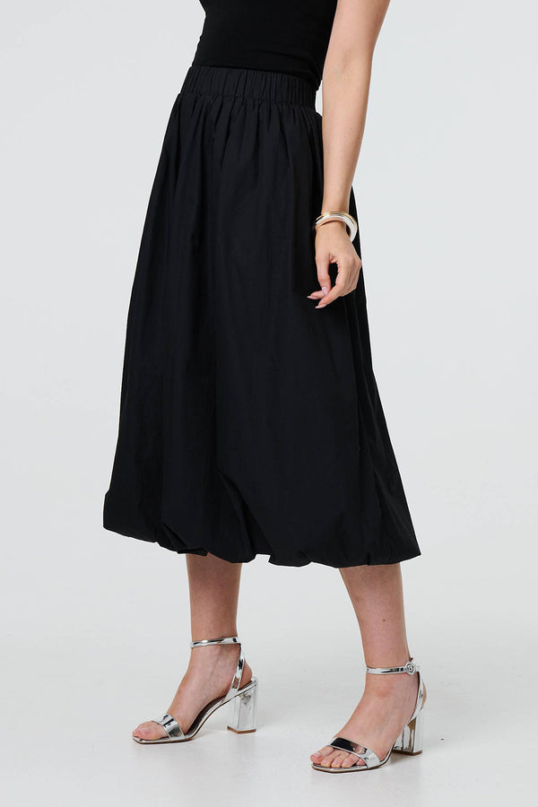 BLACK | High Waist Elasticated Midi Bubble Skirt