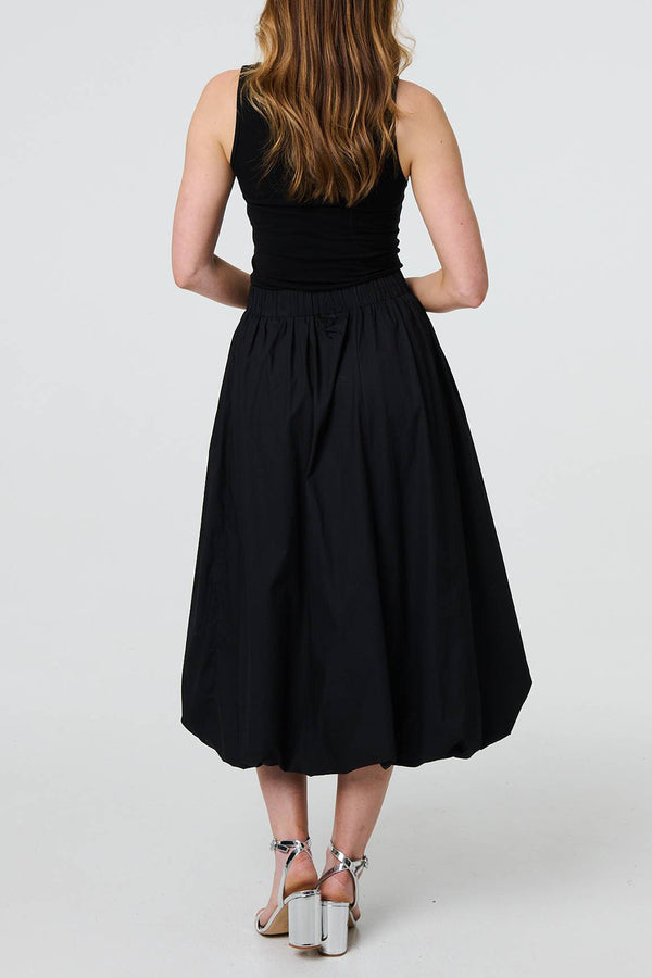 BLACK | High Waist Elasticated Midi Bubble Skirt