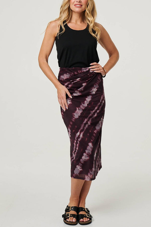 BURGUNDY | Tie Dye Twist Front A-Line Midi Skirt