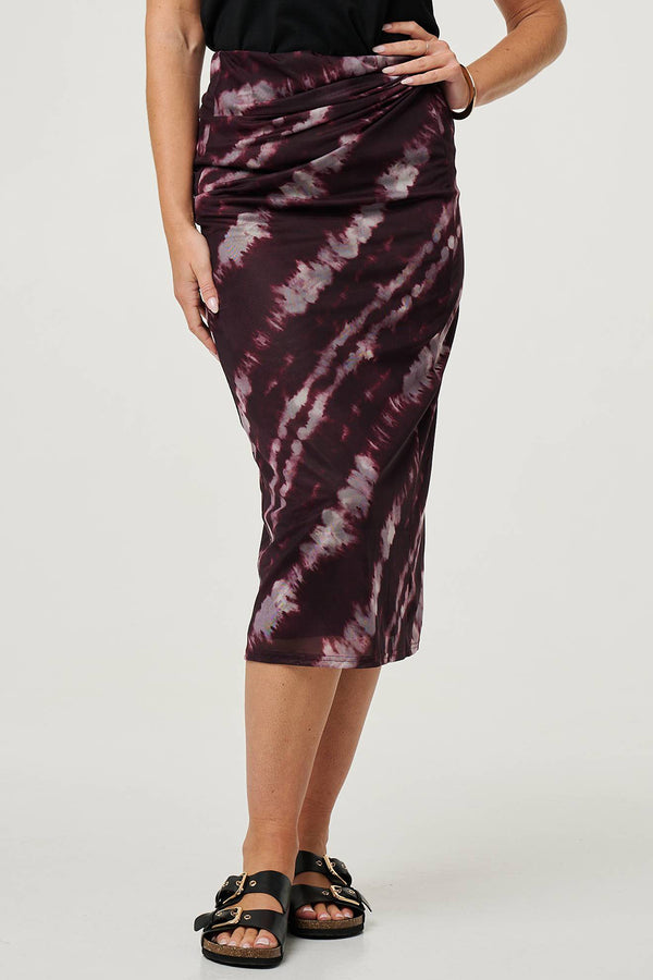 BURGUNDY | Tie Dye Twist Front A-Line Midi Skirt