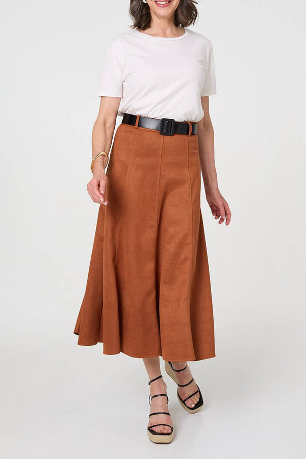 BROWN| Suedette A-Line Midi Skirt with Belt