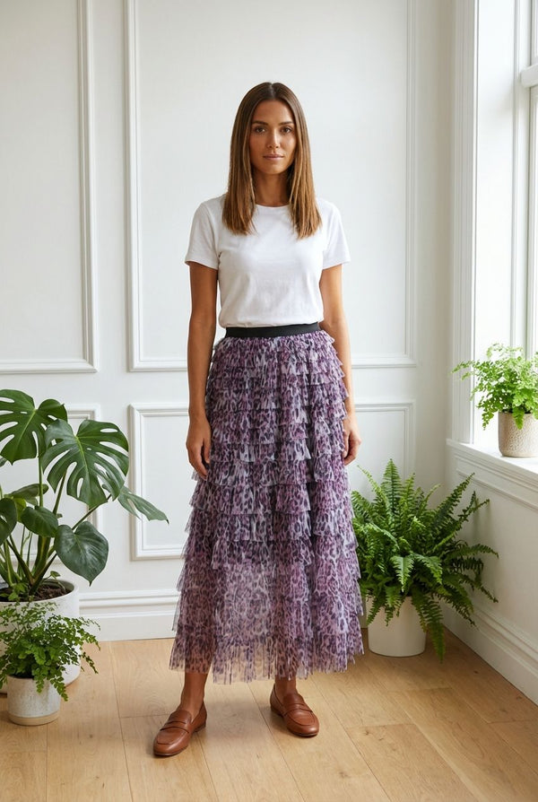 PURPLE | Animal Print Ruffled Mesh Maxi Skirt