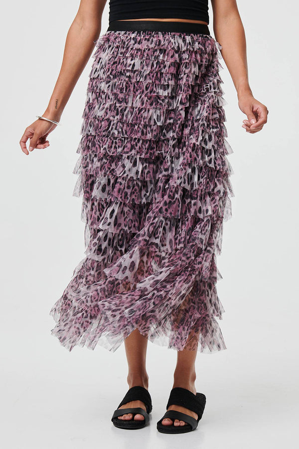 PURPLE | Animal Print Ruffled Mesh Maxi Skirt