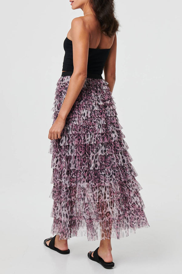 PURPLE | Animal Print Ruffled Mesh Maxi Skirt