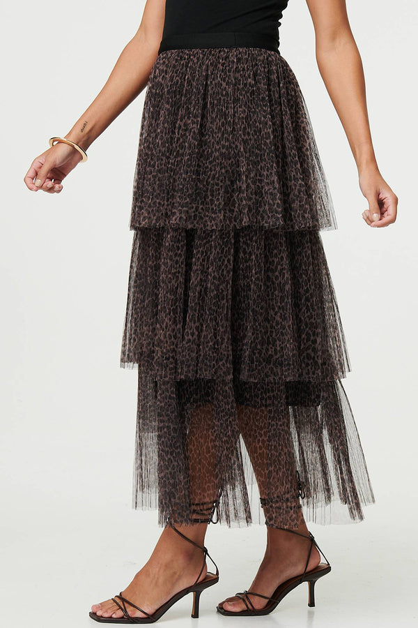 BROWN | Animal Print Tiered Mesh Maxi Skirt