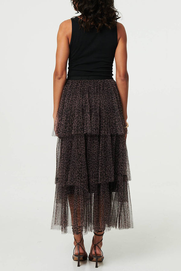 BROWN | Animal Print Tiered Mesh Maxi Skirt