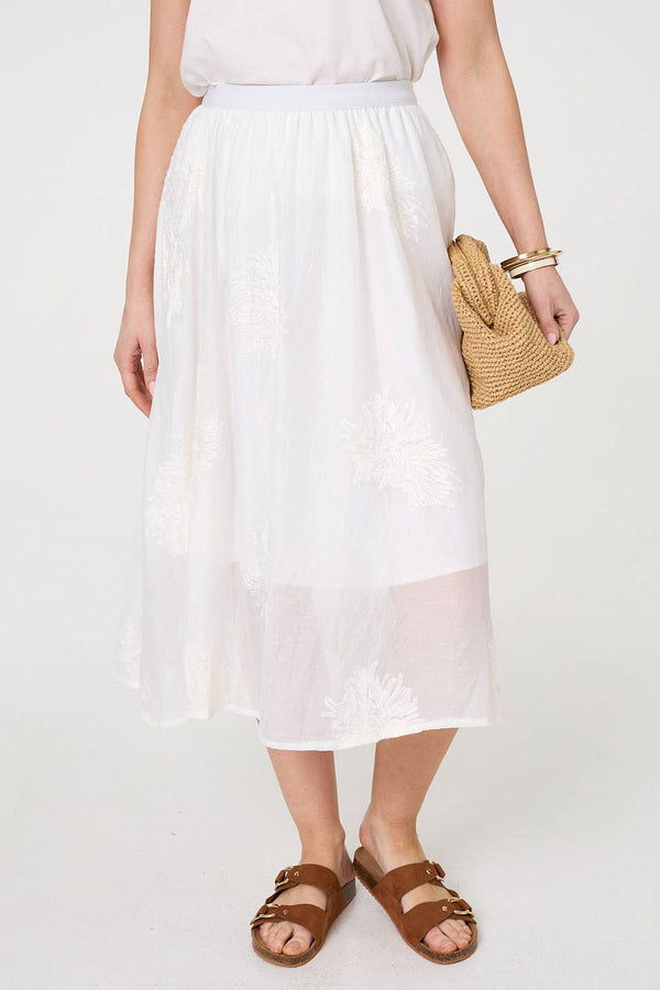 MULTI WHITE | Lace Embellished High Waist Midi Skirt