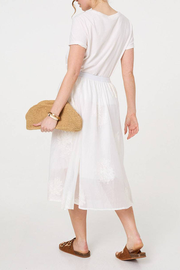 MULTI WHITE | Lace Embellished High Waist Midi Skirt