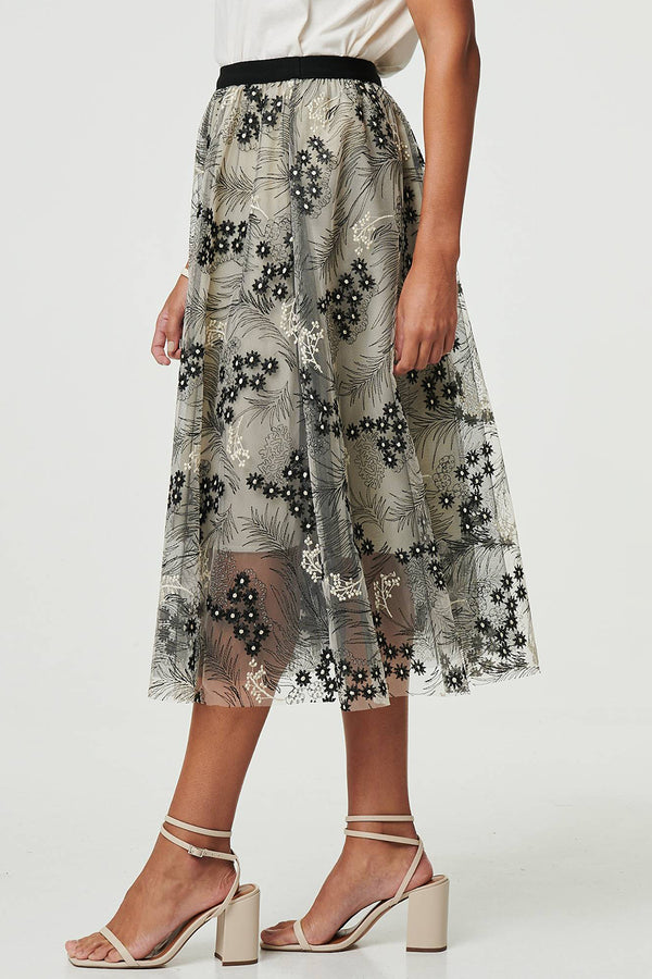 MULTI BEIGE | Floral Mesh Layer High Waist Midi Skirt