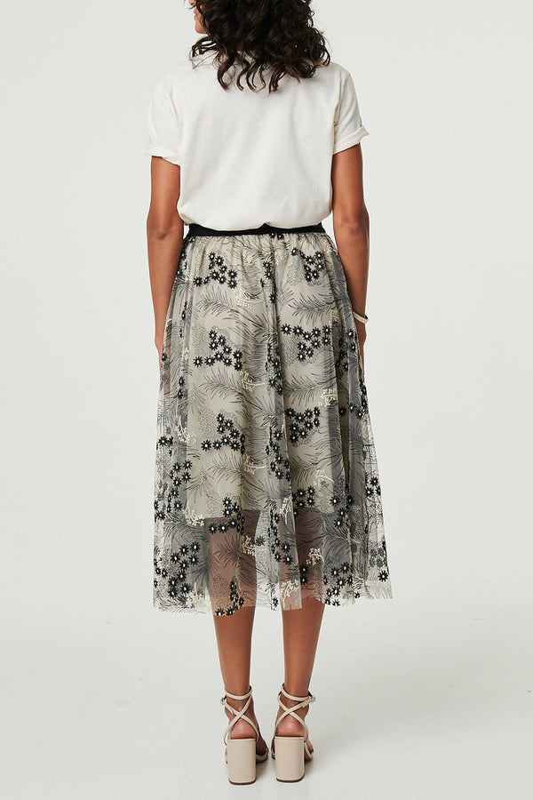MULTI BEIGE | Floral Mesh Layer High Waist Midi Skirt