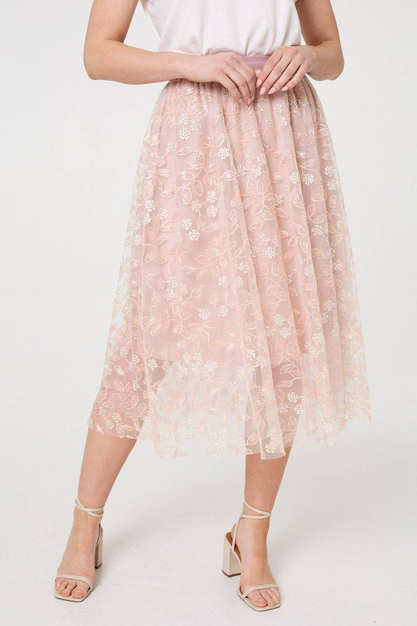 PINK | Floral Embellished Mesh Midi Skirt
