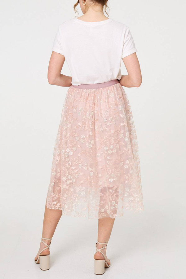 PINK | Floral Embellished Mesh Midi Skirt