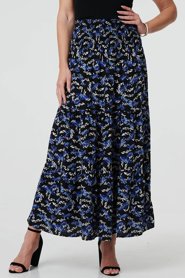 MULTI BLUE | Floral High Waist Shirred Maxi Skirt