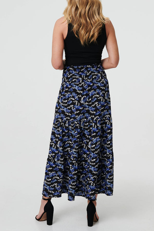MULTI BLUE | Floral High Waist Shirred Maxi Skirt