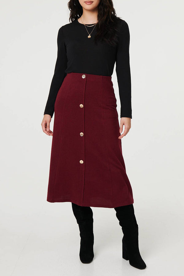 WINE | High Waist Buttoned A-Line Midi Skirt