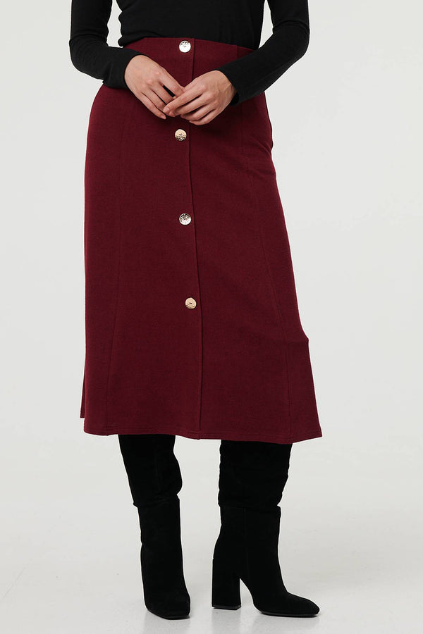 WINE | High Waist Buttoned A-Line Midi Skirt