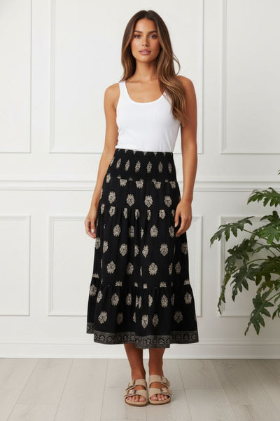 Printed Shirred Tiered Midi Skirt| BLACK
