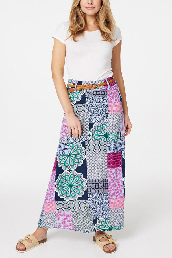 MULTI NAVY | Mosaic Print A-Line Maxi Skirt