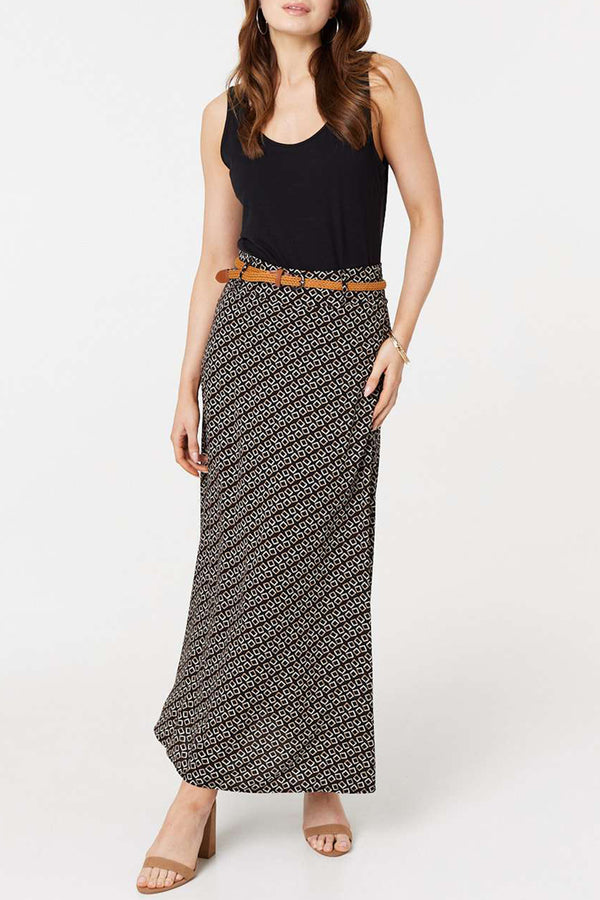 MULTI BLACK | Printed High Waist Belt Maxi Skirt