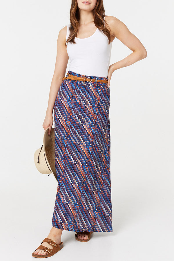 MULTI NAVY | Printed High Waist Belt Maxi Skirt