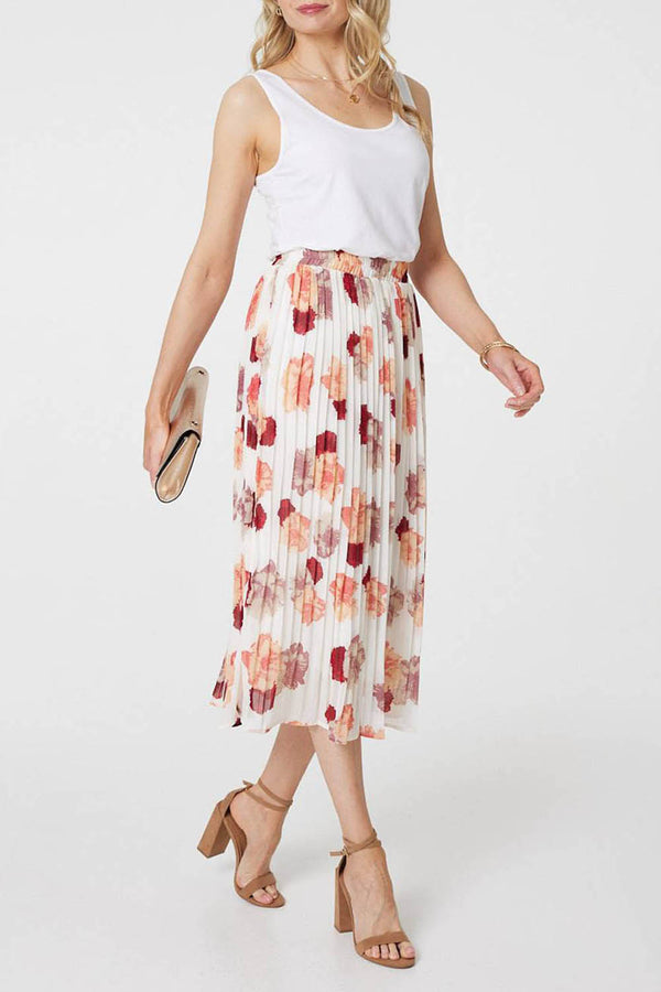 MULTI WHITE | Rose Print High Waist Pleated Midi Skirt