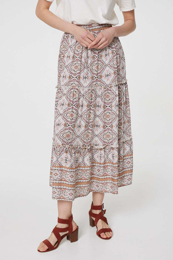 MULTI BEIGE | Printed High Waist Relaxed Midi Skirt