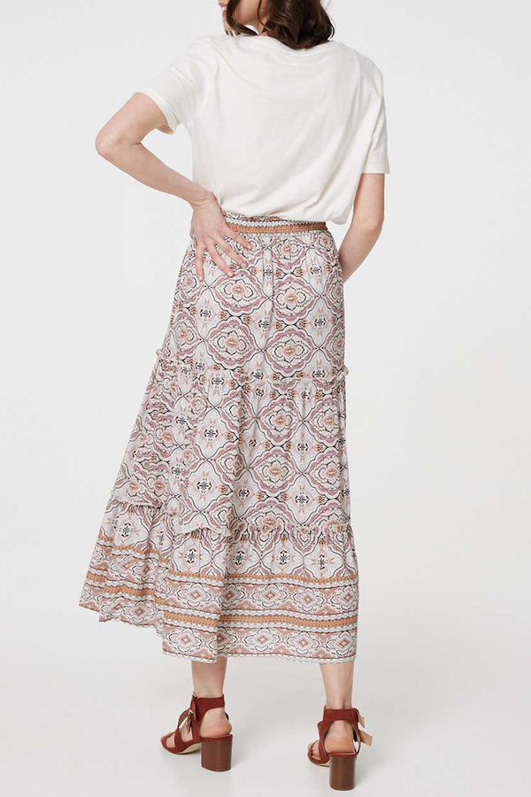MULTI BEIGE | Printed High Waist Relaxed Midi Skirt