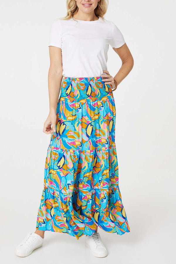 MULTI BLUE | Printed High Waist Tiered Maxi Skirt