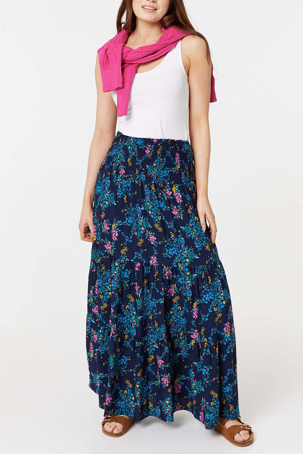 MULTI NAVY | Floral Shirred High Waist Maxi Skirt