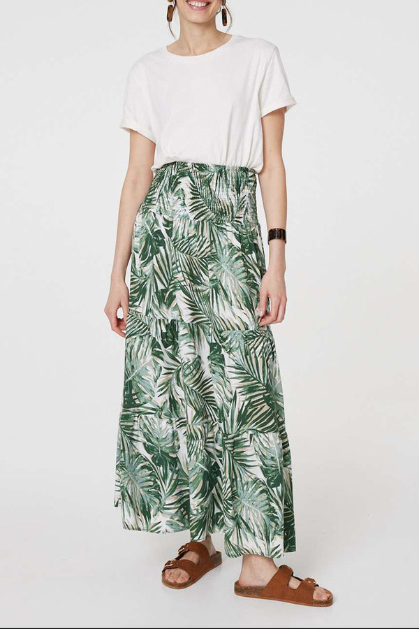 GREEN | Leaf Print High Waist Maxi Skirt
