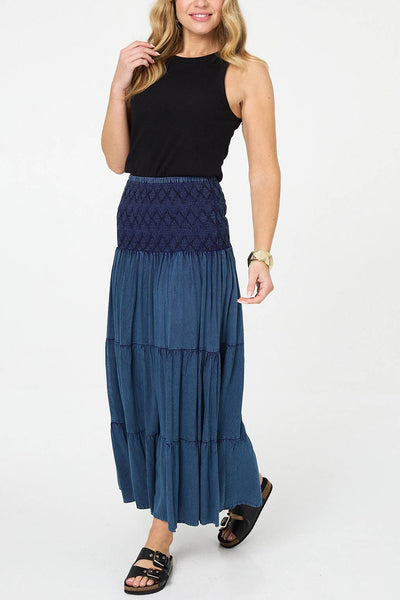 High Waist Embroidered Tiered Maxi Skirt| BLUE
