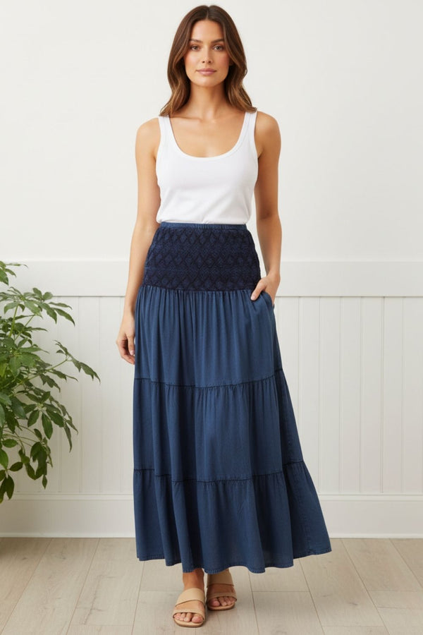 High Waist Embroidered Tiered Maxi Skirt