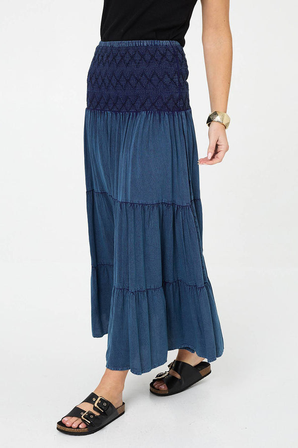 High Waist Embroidered Tiered Maxi Skirt| BLUE