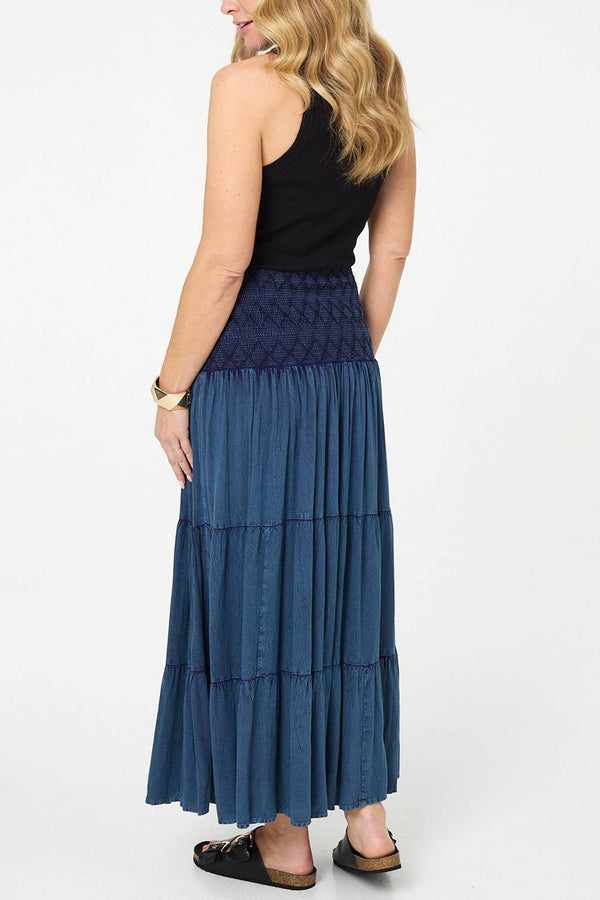 High Waist Embroidered Tiered Maxi Skirt| BLUE