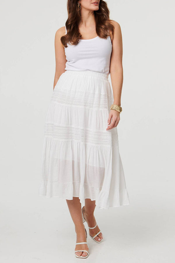 High Waist Tiered Layer Midi Skirt| WHITE