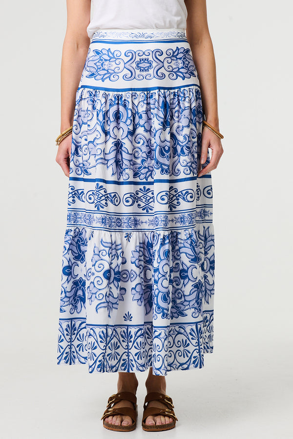 MULTI BLUE | Mosaic Print High Waist Maxi Skirt