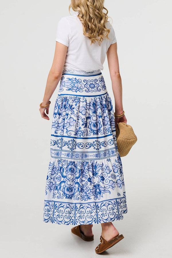 MULTI BLUE | Mosaic Print High Waist Maxi Skirt