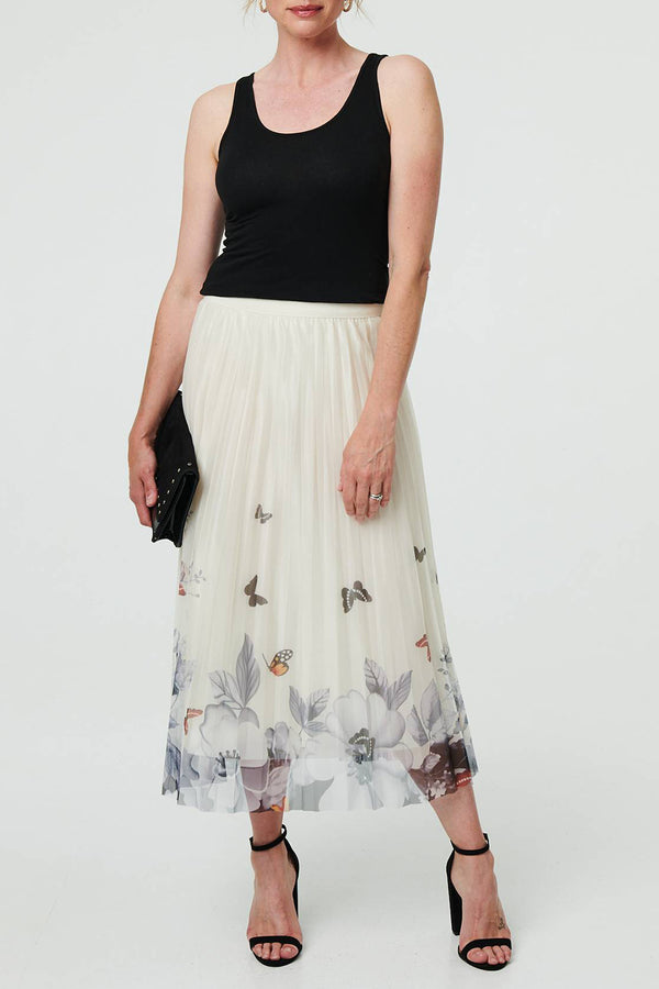 BEIGE | Butterfly Print Pleated Mesh Midi Skirt