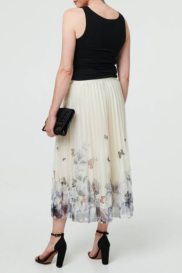 BEIGE | Butterfly Print Pleated Mesh Midi Skirt
