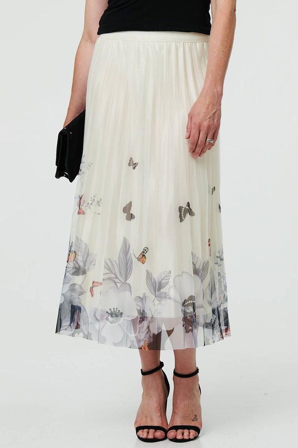 BEIGE | Butterfly Print Pleated Mesh Midi Skirt