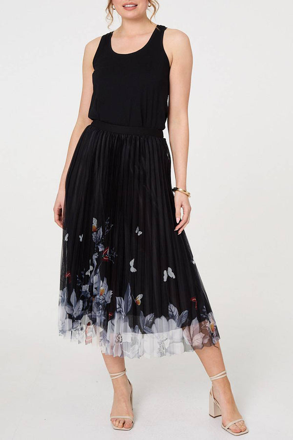 BLACK | BEIGE | Butterfly Print Pleated Mesh Midi Skirt
