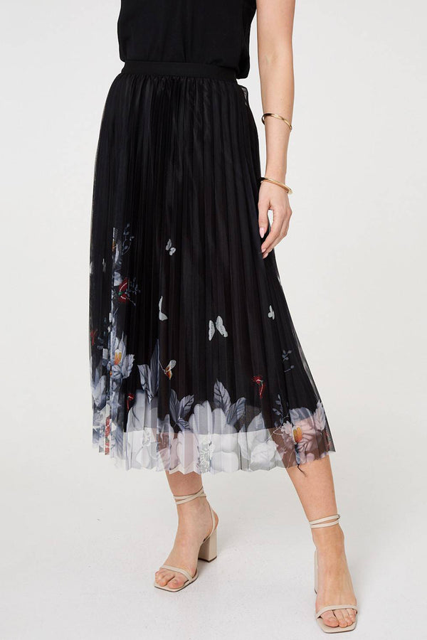 BLACK | BEIGE | Butterfly Print Pleated Mesh Midi Skirt