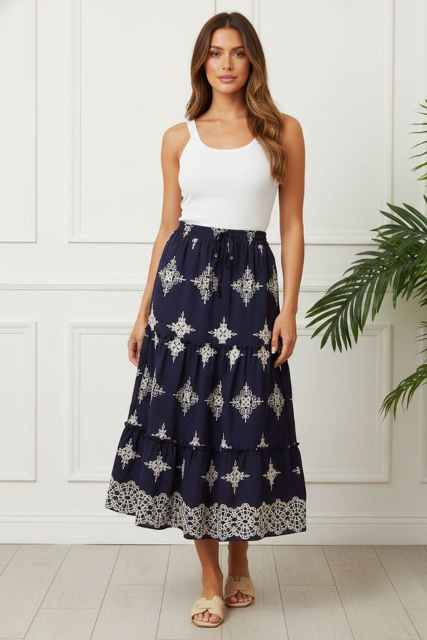 Embroidered High Waist Tiered Midi Skirt