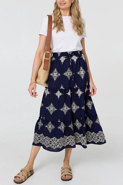 Embroidered High Waist Tiered Midi Skirt| NAVY