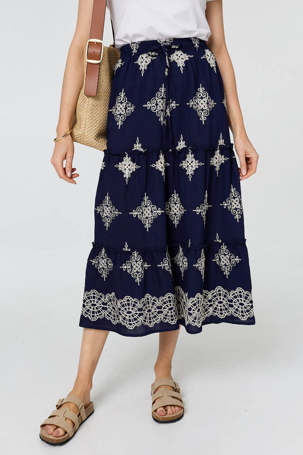 Embroidered High Waist Tiered Midi Skirt| NAVY