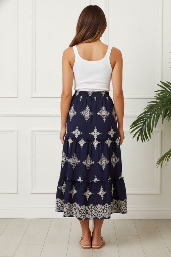 Embroidered High Waist Tiered Midi Skirt