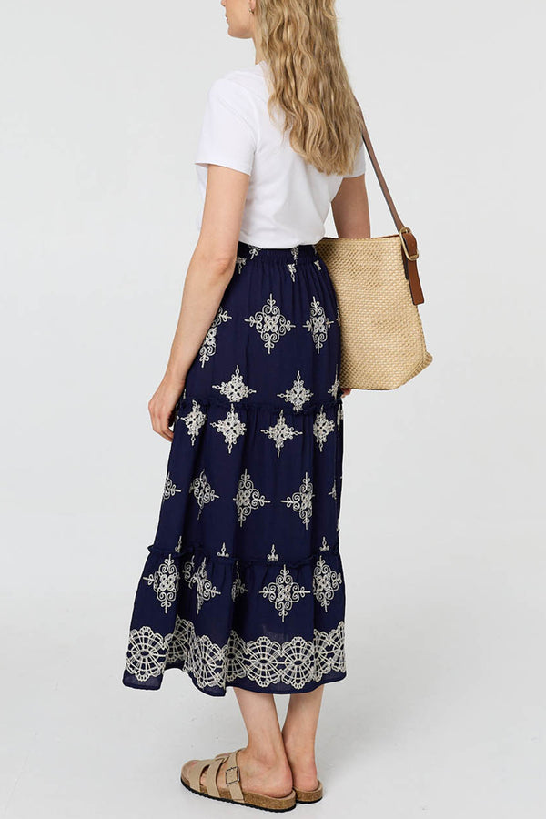 Embroidered High Waist Tiered Midi Skirt| NAVY